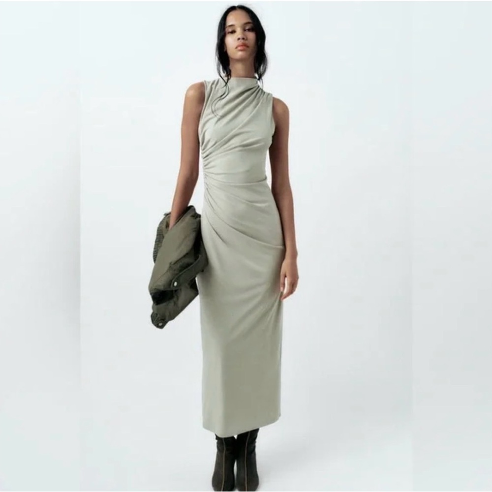 Zara Green Ruched Sleeveless Green Maxi Dress